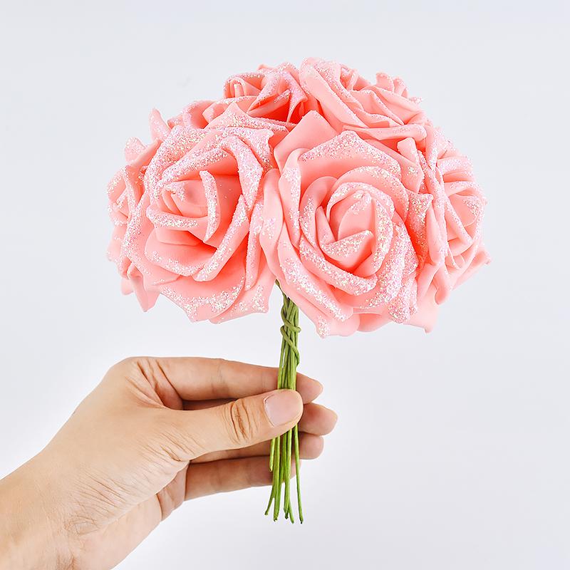 10/20Pcs Artificial Rose Flowers with Stem Foam Glitter Fake Flower Bouquet Wedding Party Centerpieces Home Garden Decoration