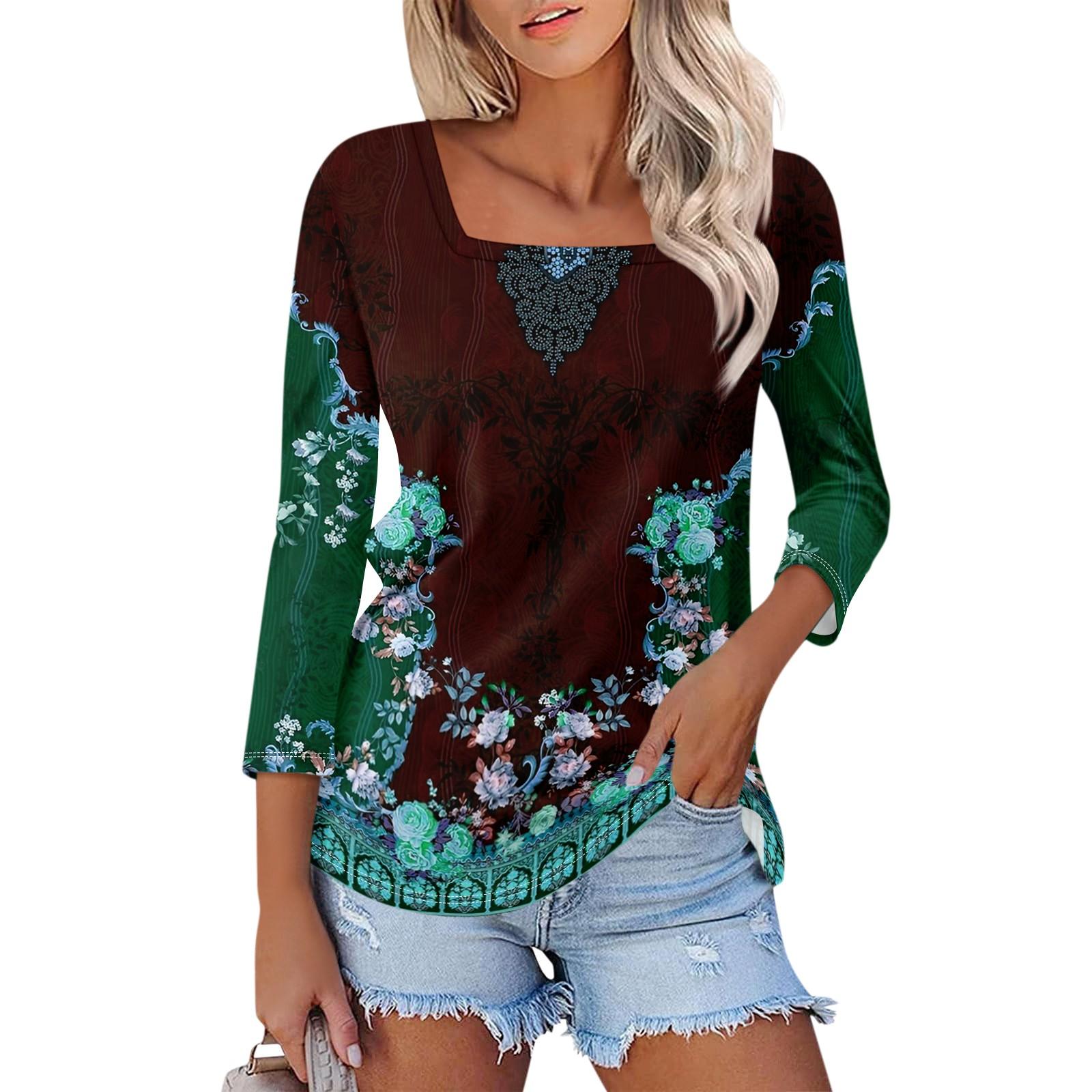 

Женская блузка с рукавом 3/4, квадратным вырезом и цветочным принтом, повседневная свободная туника M