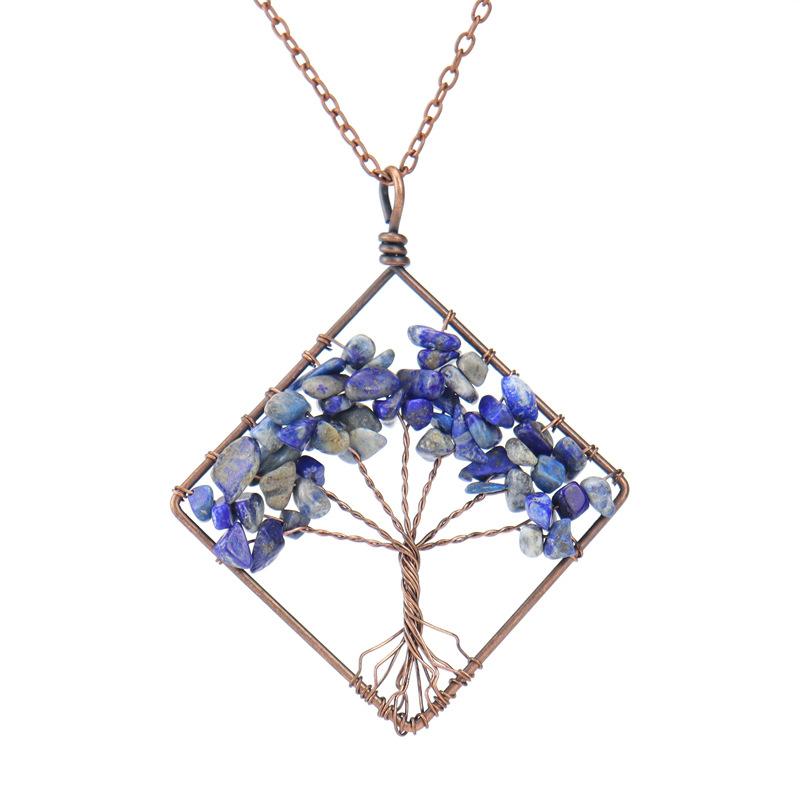 Hand-Wrapped Square Tree Of Life Necklace Natural Irregular Gravel Crystal Necklace N09