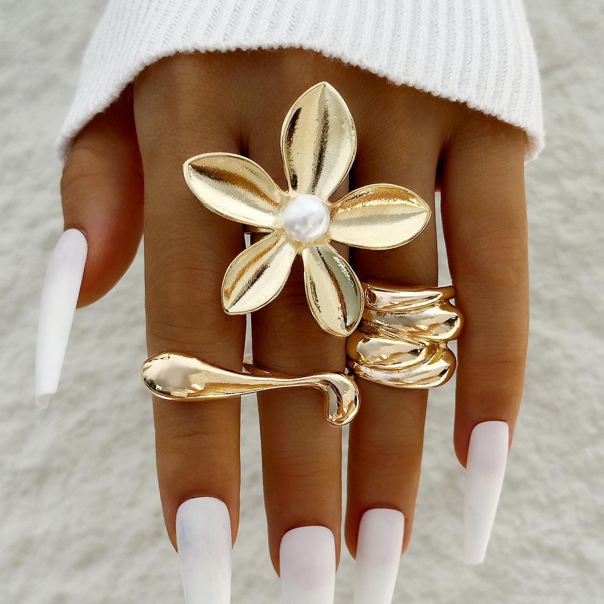 ins wind metal irregular water drop opening pearl ring, texture flower ring set