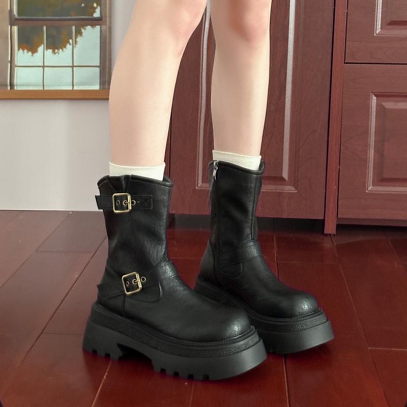 Fashion Punk Metal Bucket Thick Bottom Motorcycle Boots Women 2025 Winter Chunky Platform Non Slip Black Ankle Boots Soft Designer Shoes