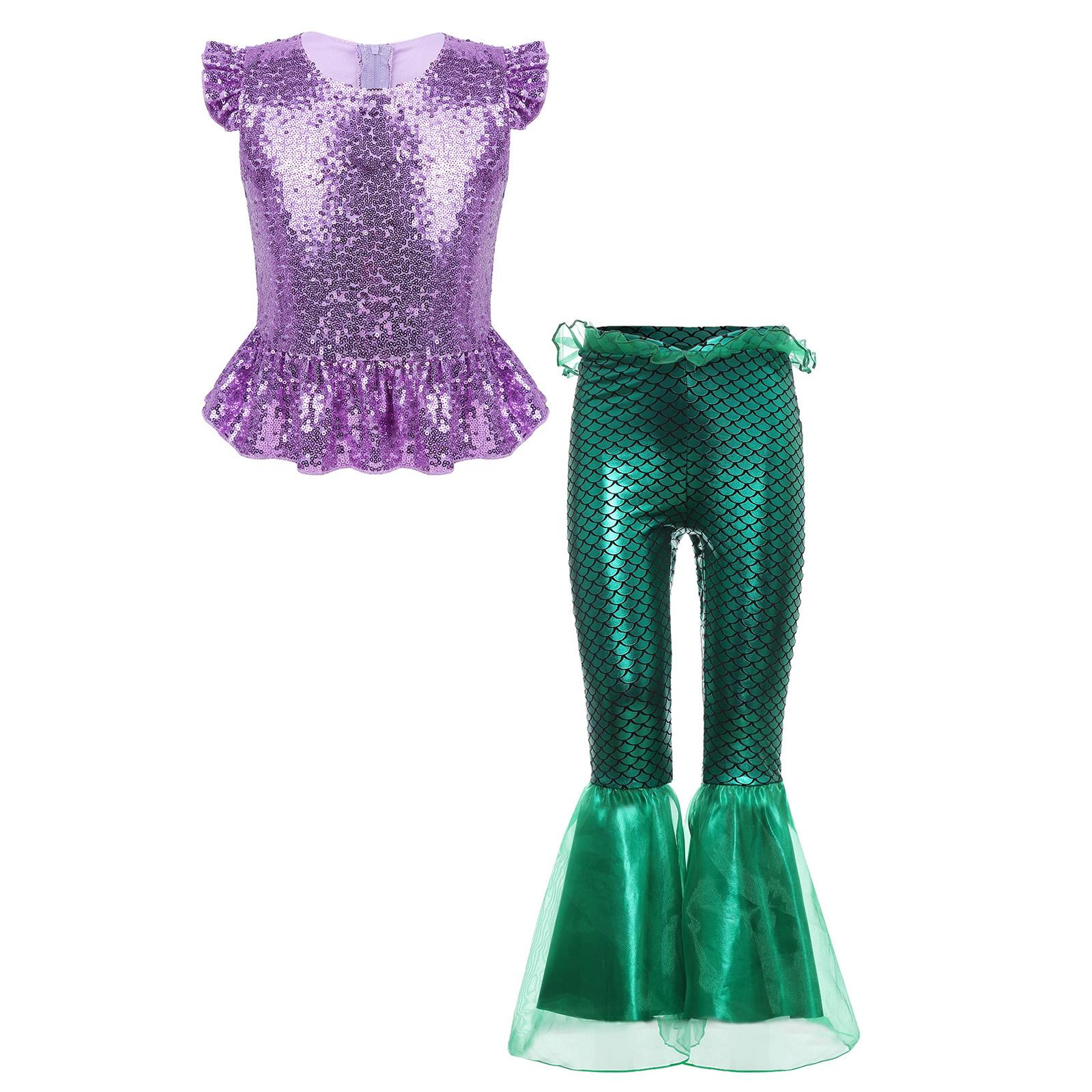 

Girls 2 Pieces Mermaid Costume Sequins Short Sleeves Zipper Peplum Top Elastic Waist Ruffle Flared Pants Set 5-6 Years