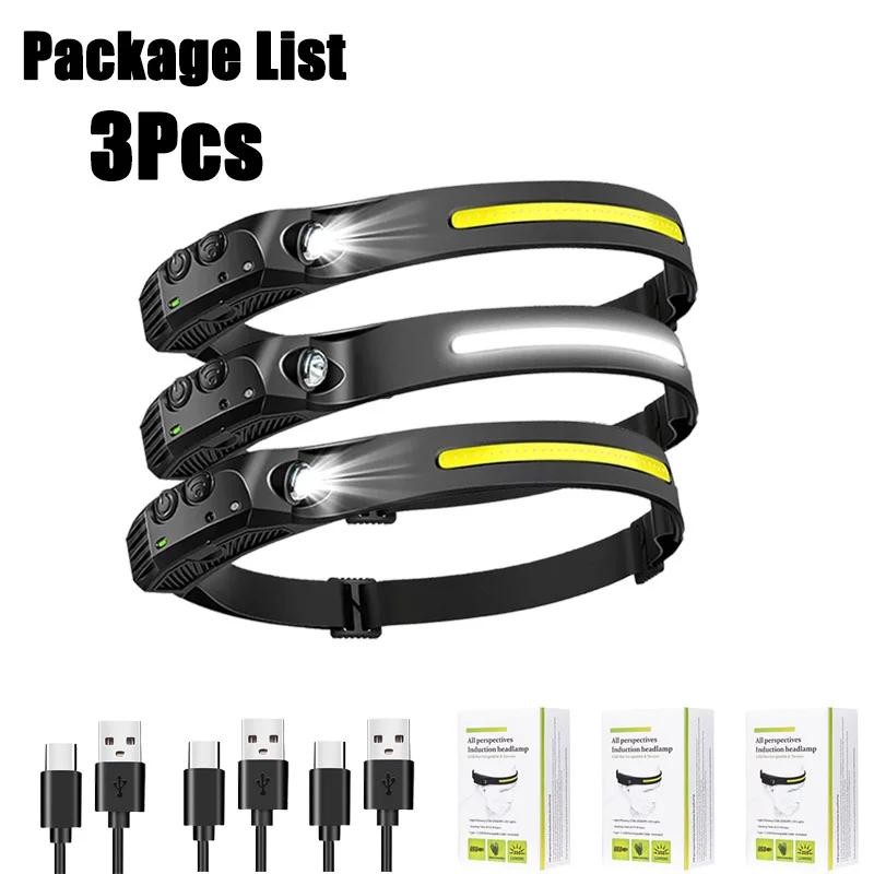 Sensor Headlamp USB Rechargeable LED Flashlight XPE+COB Torch Camping Waterproof Headlight for Fishing Lantern 1/2/3/4/5/8/10PCS