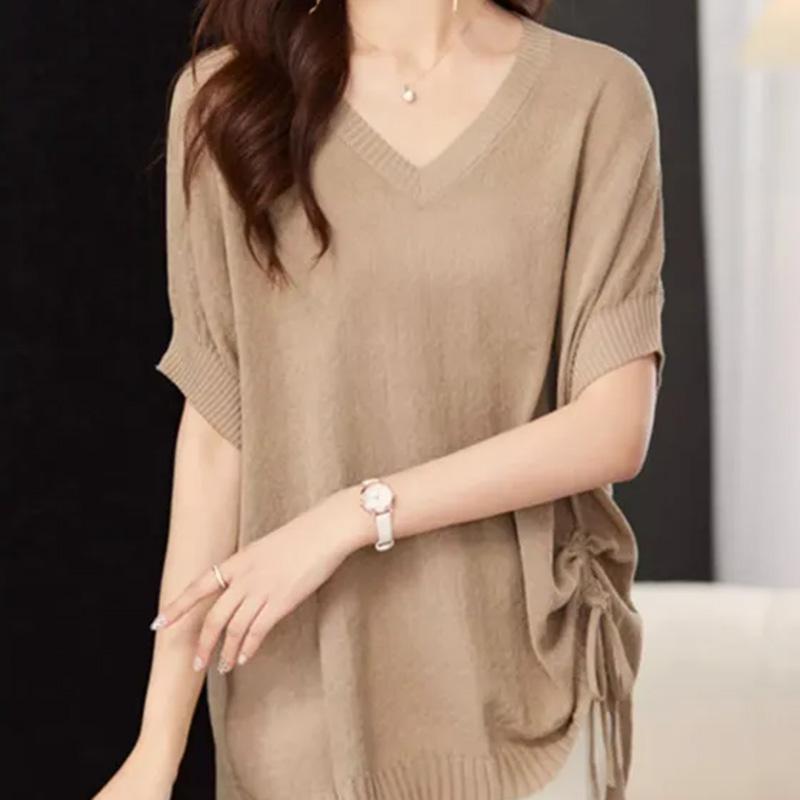Top for Women Spring Summer Large Size Loose Short Sleeve Knit V-neck Pullover Ice Silk Top