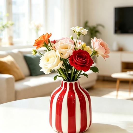 Ceramiczny Pasiasty Wazon Ręcznie Malowany Nowoczesny Nordycki Boho Wazon Mały Dekoracyjny Pojemnik na Kwiaty na Stolik Boczny Kuchnia Pomieszczenie Wewnętrzne Ozdoba Stołu