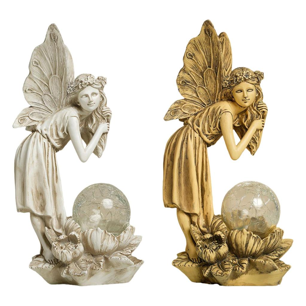 Angel Sculpture Craft with Solar Light Resin Angel Ornament Flower Fairy Angel Statue for Lawn Decoration Balcony Yard Art Home