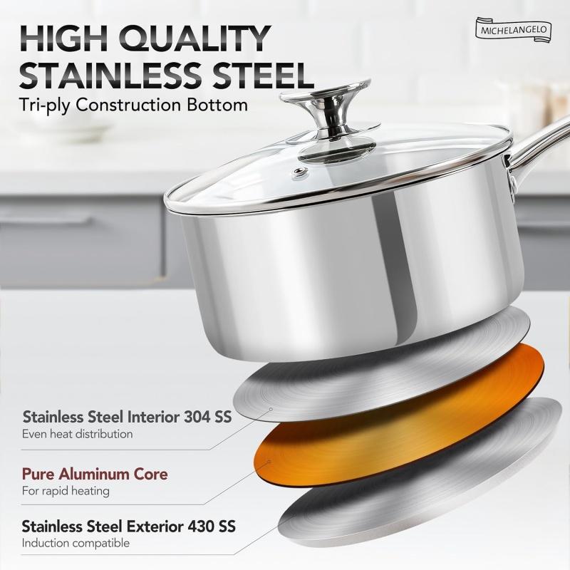 MICHELANGELO 3Pcs Stainless Steel Stew Pot with Lid Steel Handle Sauce Pot Induction Stew Pot Flat Pan Set Stove Compatible