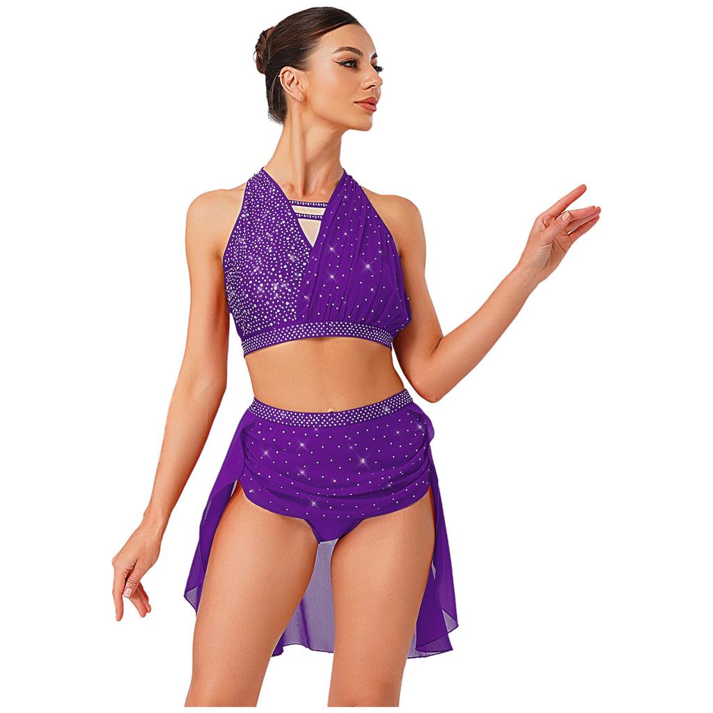 S-XXL Women's Dancewear Set: Sleeveless Halter Ruched Crop Top & Sparkly Rhinestone Irregular Hem Skirt with Built-in Briefs for Lyrical Performance