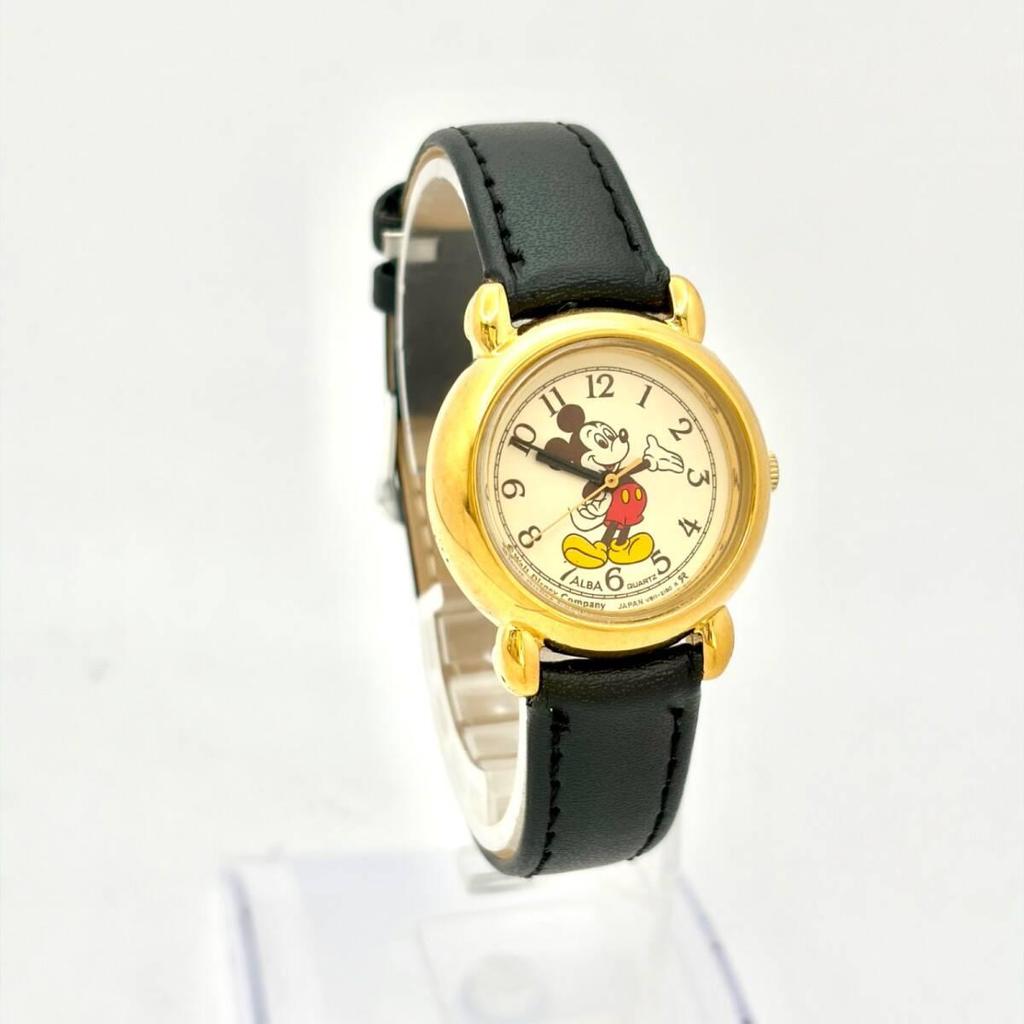 Used [New Battery] SEIKO ALBA Ladies Watch Mickey Mouse Gold V811-0550 411833 New Belt