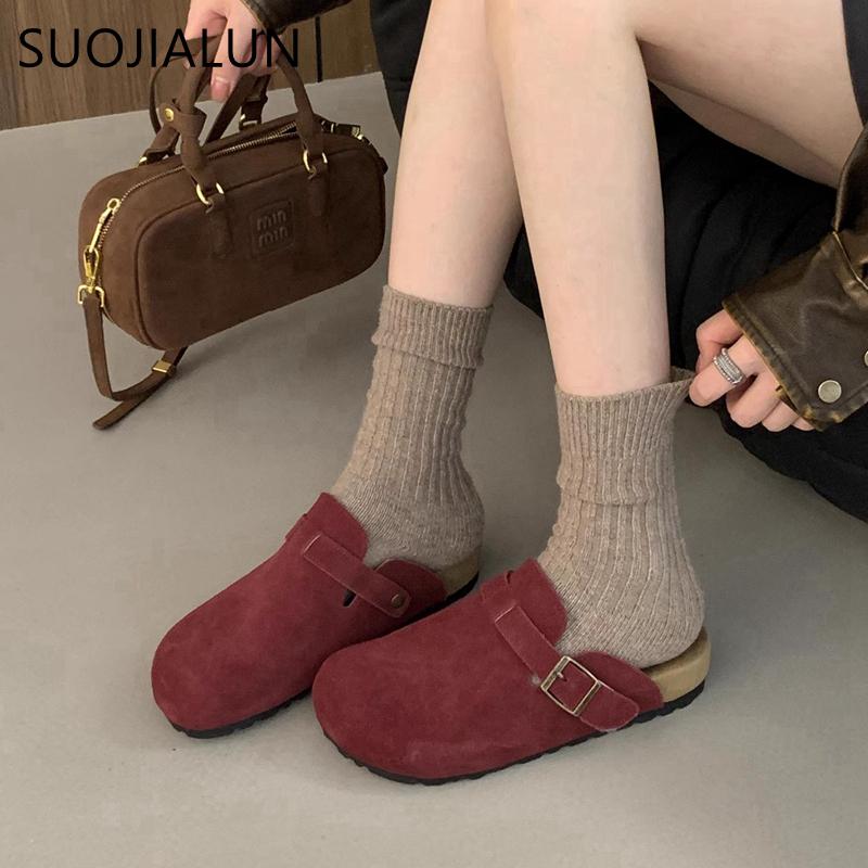 Mode SUOJIALUN 2024 Herbst Damen Flacher Slipper Mode Runde Zehenpartie Slip-On Pantoletten Schuhe Weicher Flacher Absatz Outdoor Freizeit Pantoletten Sandalen