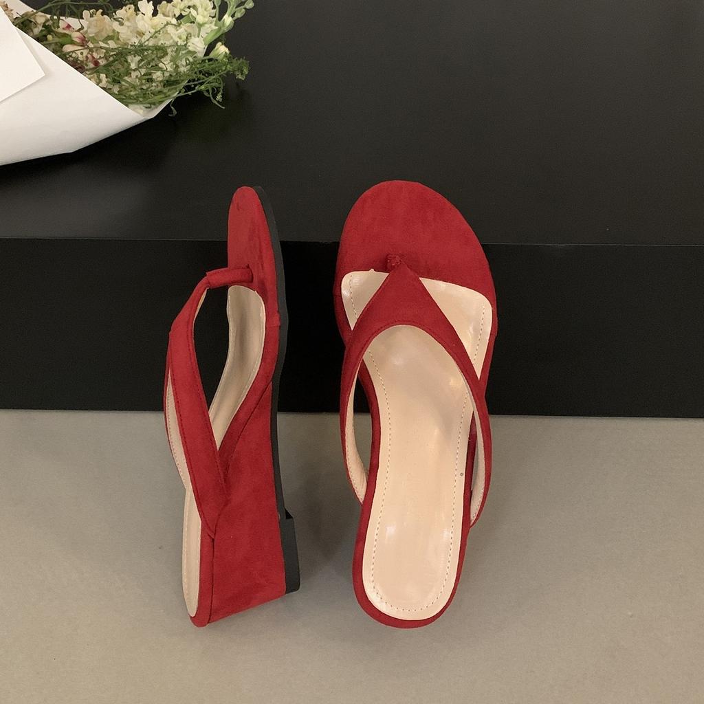 Wedge heel pinch flip-flop shoes women's shoes outer wear temperament red with skirt sandals high heels sandals