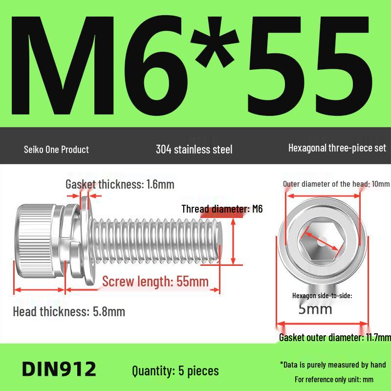 304 Stainless Steel Hex Socket Cap Screw with Washer - Sizes M3, M4, M5, M6, M8, M12