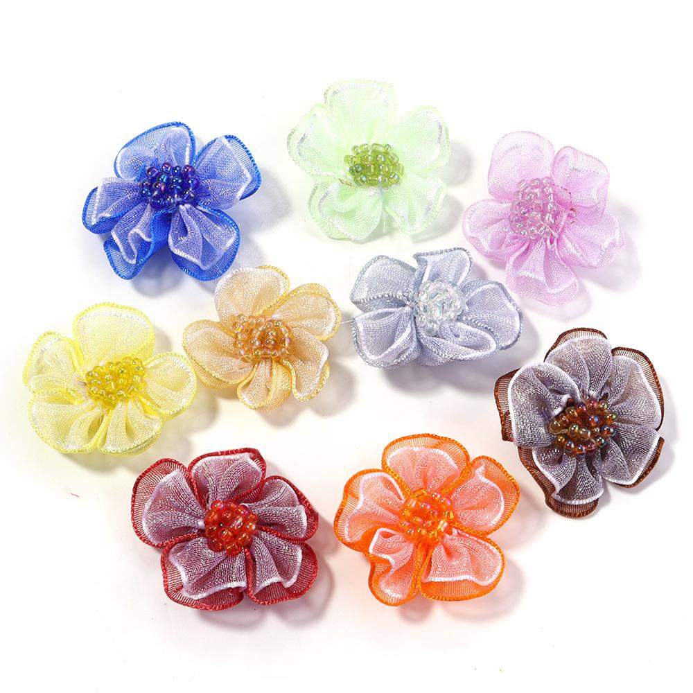 10pcs 3cm Gauze Artificial Flowers Colorful Double Layer Flower Head For DIY Handmade Wedding Party Clothing Headwear Decoration