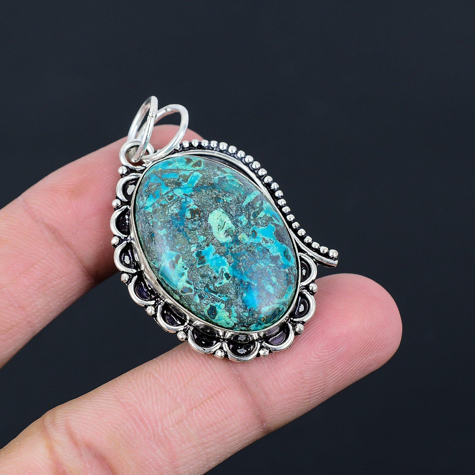 925 Sterling Silver Natural Chrysocolla Engagement Bezel Mother Pendant Jewelry