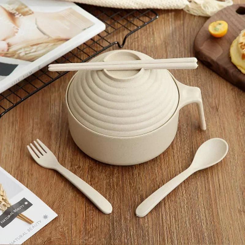 Wheat Straw Soaked Noodle Bowl Anti Drop Dormitory Household Bowl With Tableware Set Bowl With Lid Large Capacity Rice Bowl