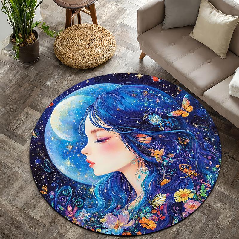 Moonlight, blue-haired girl Flannel-printed round floor mats are slip-resistant Suitable for living room terrace garden carpets