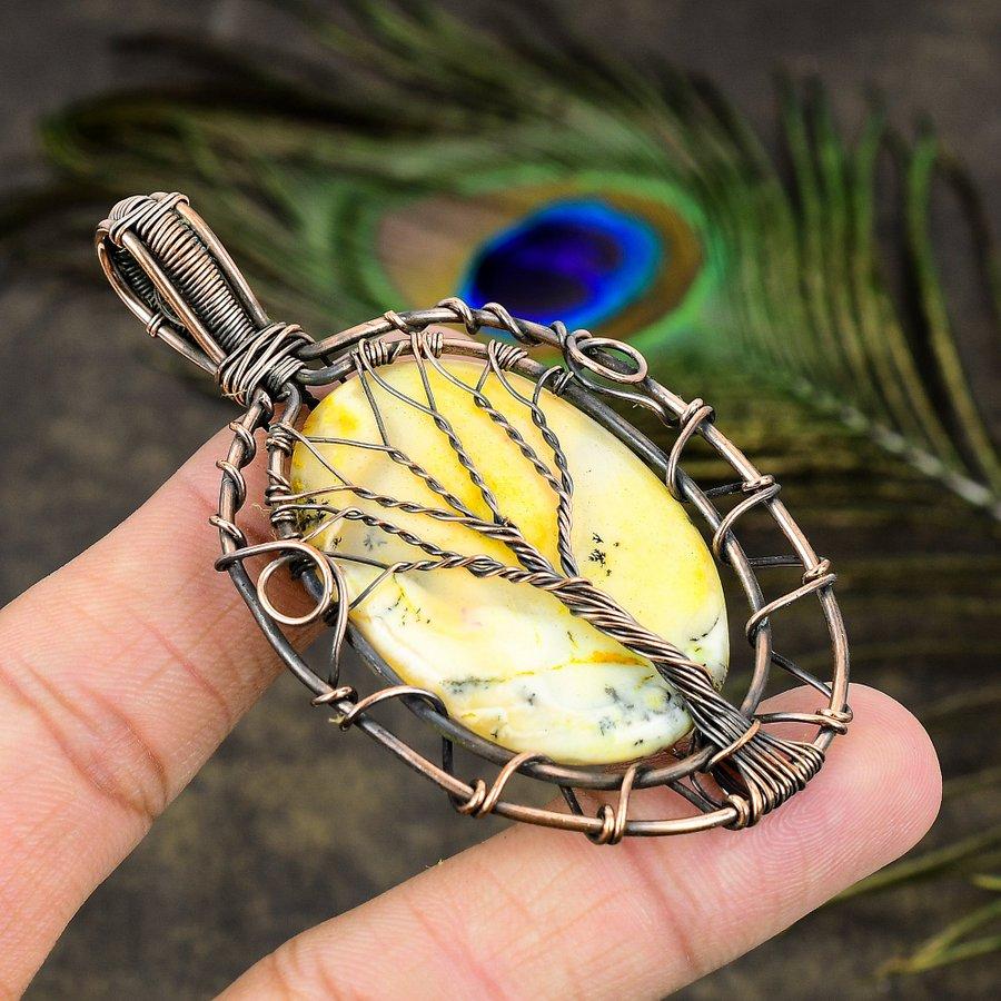 Yellow Dendritic Gemstone Copper Wire Wrap Jewelry Pendant 3.07"