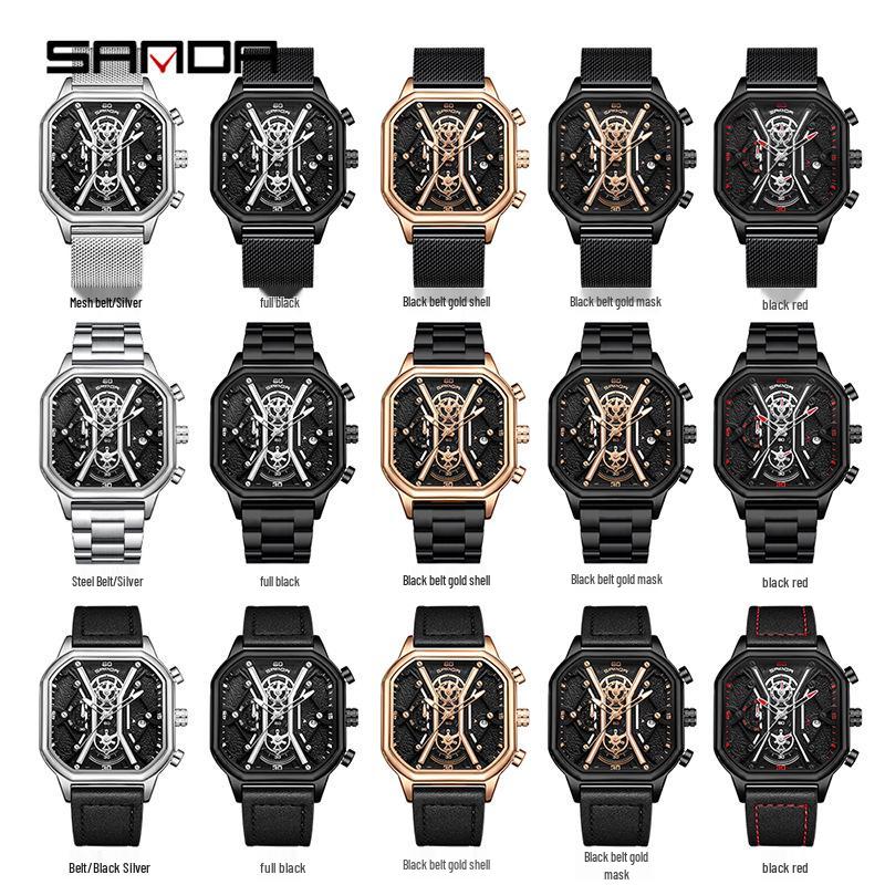 SANDA Trendy Men's Square Quartz Watch - Fashionable Multi-Function Calendar Wristwatch