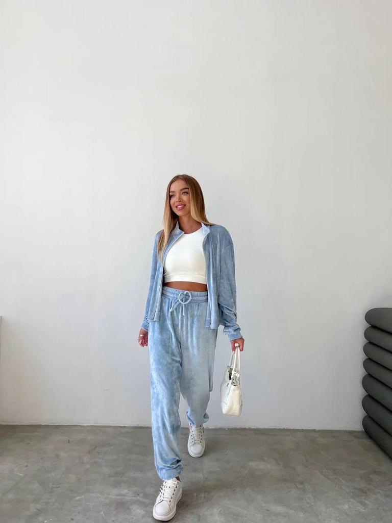 Europejski i Amerykański Jesienny Zestaw Dwuczęściowy z Aksamitu Zapinany na Zamek: Bluzka z długim rękawem, elastyczną talią i spodnie z mankietami z kieszeniami dla kobiet