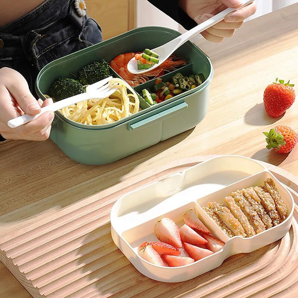 2 Layers Portable Student Lunch Box with Fork Spoon Can Be Heated In The Microwave Leakproof Thicker PP Plastic Split Lunch Box