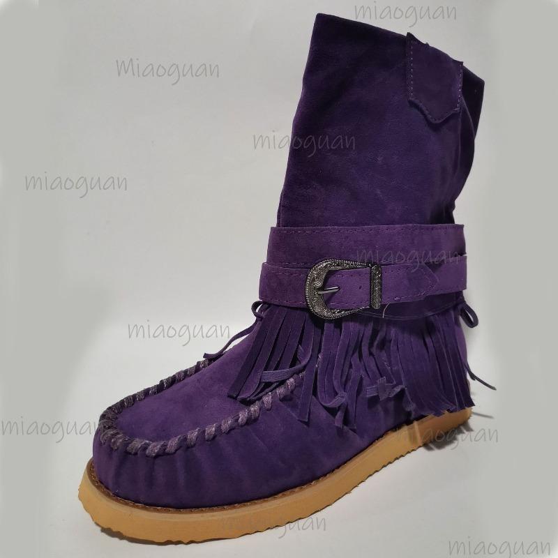 Tamanho 36-43 Estilo Ocidental Primavera Outono Tiras com Fivela Botas de Meia-Panturrilha Slip-on Franjas Curtas Moda Feminina Botas Mujer