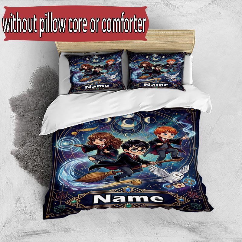 3pcs Duvet Cover Set (1*Duvet Cover + 2*Pillowcase, Without Core), Custom Name Harry potter Pattern Bedding Set, Home Bedroom Decor Gift