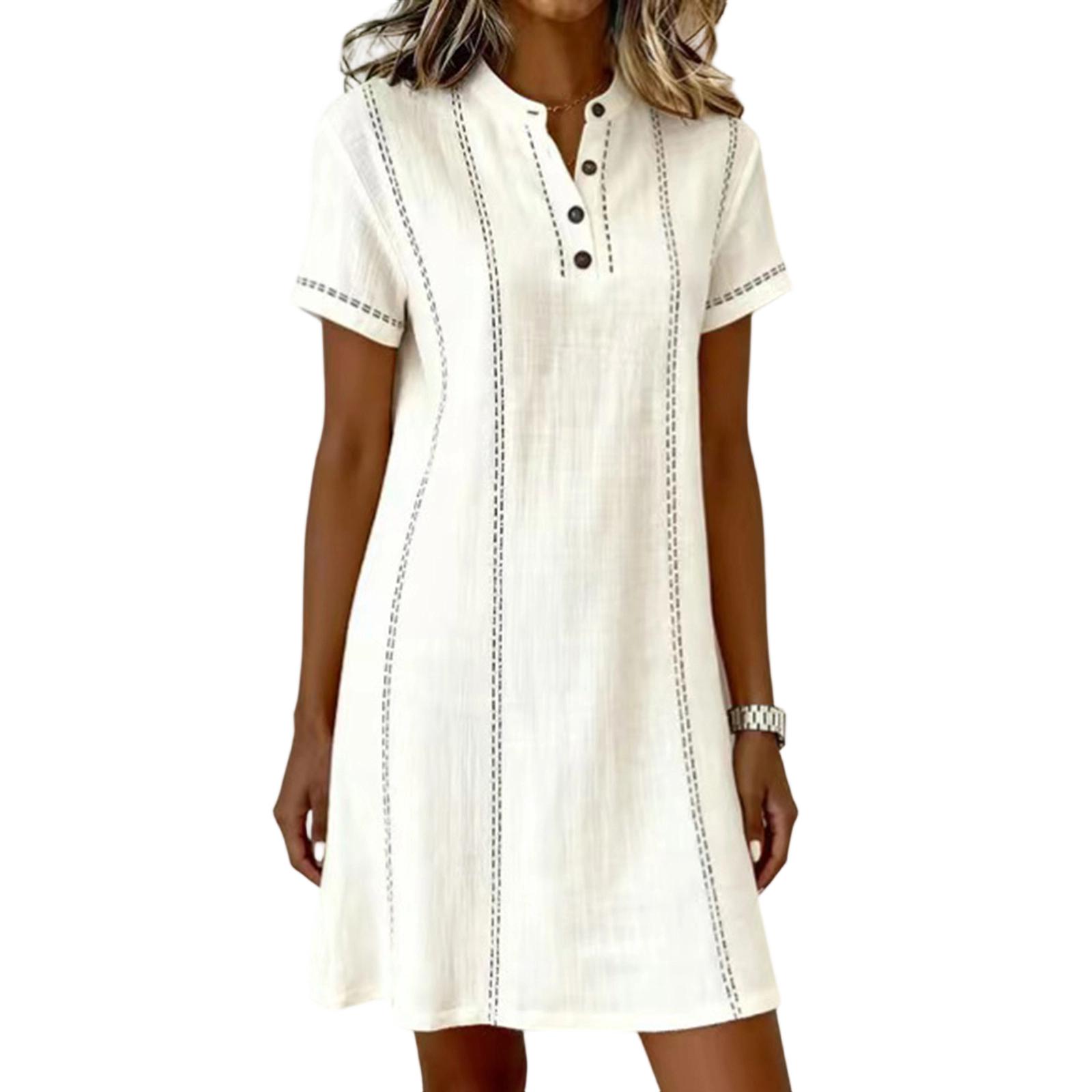 

Women Casual V Neck Button Front Short Sleeve Dress Lightweight Summer Loose Fit Knee Length Dress for Daily Wear XXL