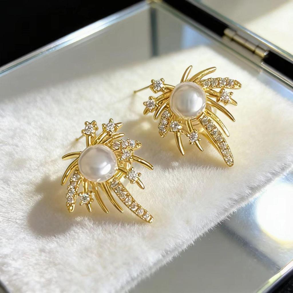 Korean Elegant Firework Pearl Stud Earrings - Exquisite Rhinestone Luxury Fashion Accessories for Women
