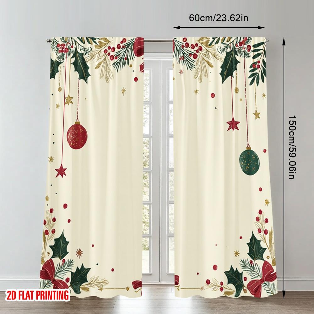 2pcs 2D flat printing Merry Christmas Curtains Christmas Holly Garland Bows Ornaments Digital Printed Polyester Drapes Festive