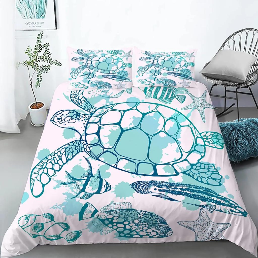 Sea Turtle Duevt Cover Set King Size Ocean Turtle Themed Comforter Cover For Teens Boys And Girls Soft Polyester Quilt Cover