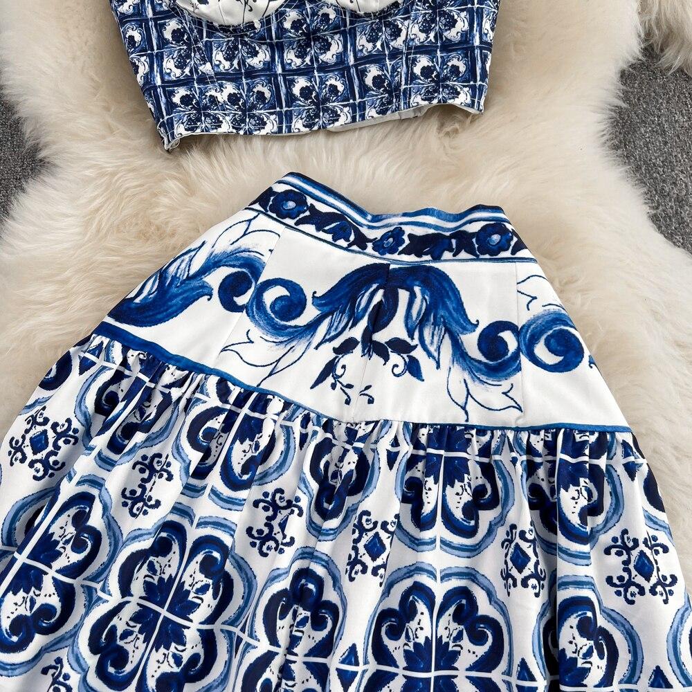 Fashionable Suit Female Casual Celadon Print Concord Vest + High Waist Shows Thin Big Set Skirt Two Pieces