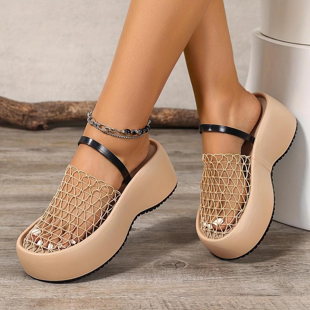 Stylish Black Mesh Fishnet Women's Casual Platform Sandals | Thick Cushioned Sole, Comfortable Slip-On Round-Toe Shoes for All-Season Wear