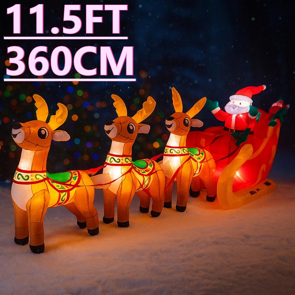 11.8FT LED Inflatable Christmas Yard Decora Santa Sleigh 3 Reindeer Xmas Toy Christmas Supplies Home Ornament Gift Holiday Decor