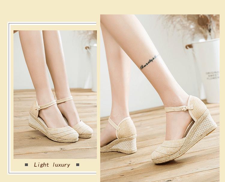 Women's Ethnic Style Summer Wedge Sandals - Breathable Linen with One-Strap Buckle and High Heel Design