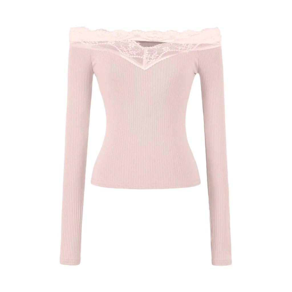 Elegant Lace One-Shoulder Long-Sleeve Women's T-shirt - 2026 Slim Fit, Classy & Off-the-Shoulder Style