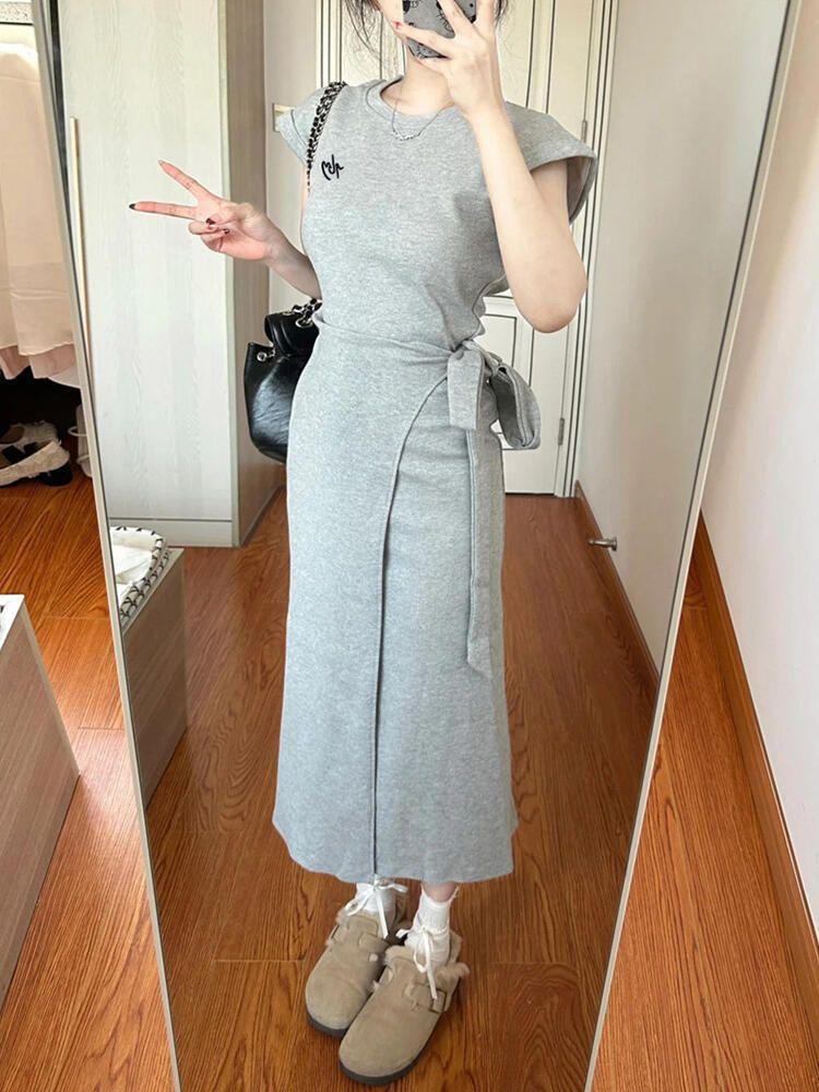French Gray Short-sleeved Strap Waist Dress Children's Summer New Design Sense Niche Temperament Long Dress