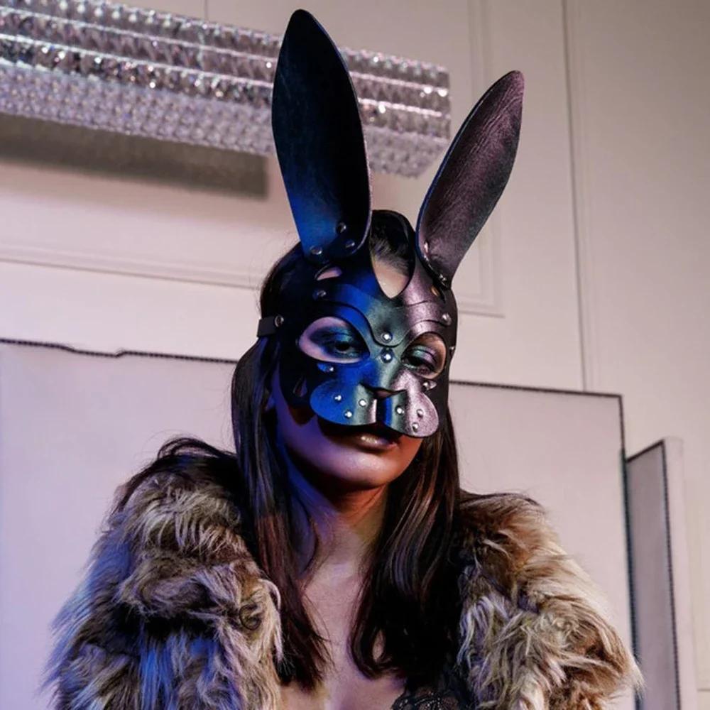 Sexy Leder Maske Bunny Girl Cosplay Erotisch Fetisch Rave Maske Nieten Bondage Geschirr Halloween Party Katzenmaske Frau Mann
