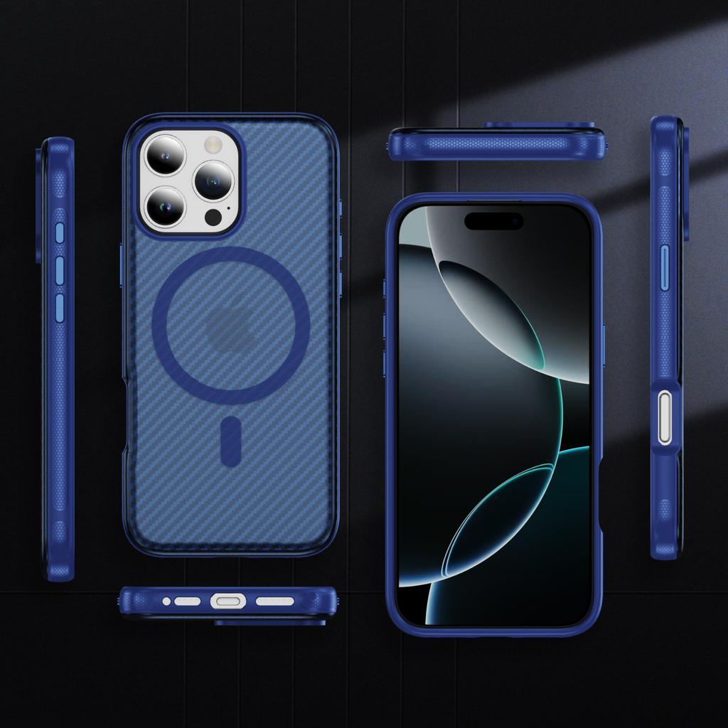 Transparent Carbon Fiber Pattern Case For 16 15 Plus 14 13 12 Pro Max 16e For Magsafe Wireless Charge Hard PC Armor Cover