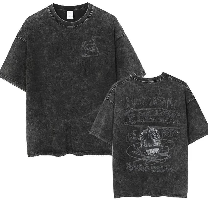 Rapper Juice Wrld Retro Gewassen T-shirt Heren Hip Hop Gotisch M black
