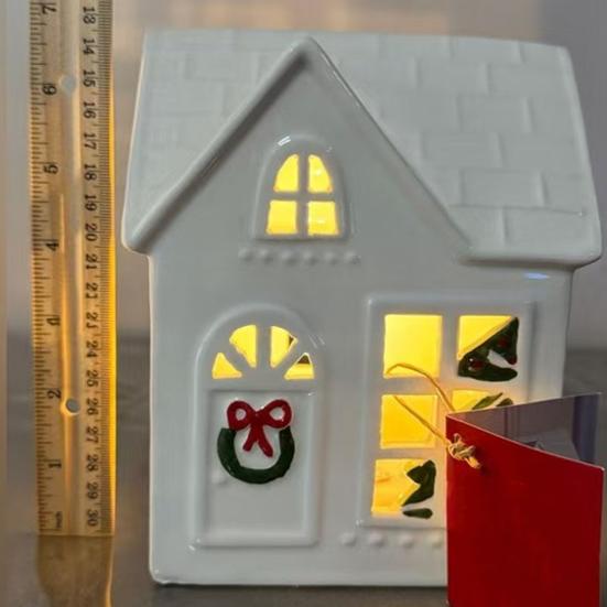 Christmas Mini Village House Figurine LED Lighted Winter Resin Town Cottage Tiny Desktop White House Ornament for Home Shelf Cabinet Table Decor