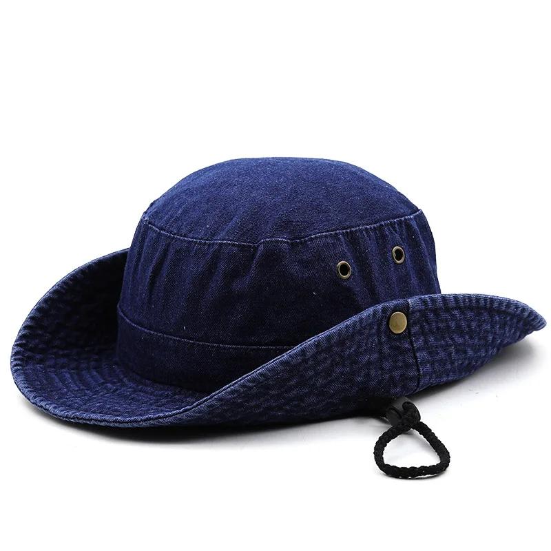2025 Blue Cowboy Bucket Hat with String Men Denim Beach Sun Hat for Women Outdoor Hiking Couple Bob Panama Summer Fisherman Hat