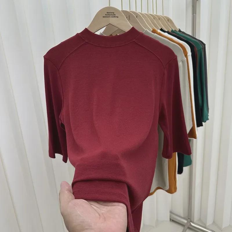 Women's Slimming Fit Mid-Sleeve T-Shirt with Stand-Up Collar - Versatile Autumn Fashion Top