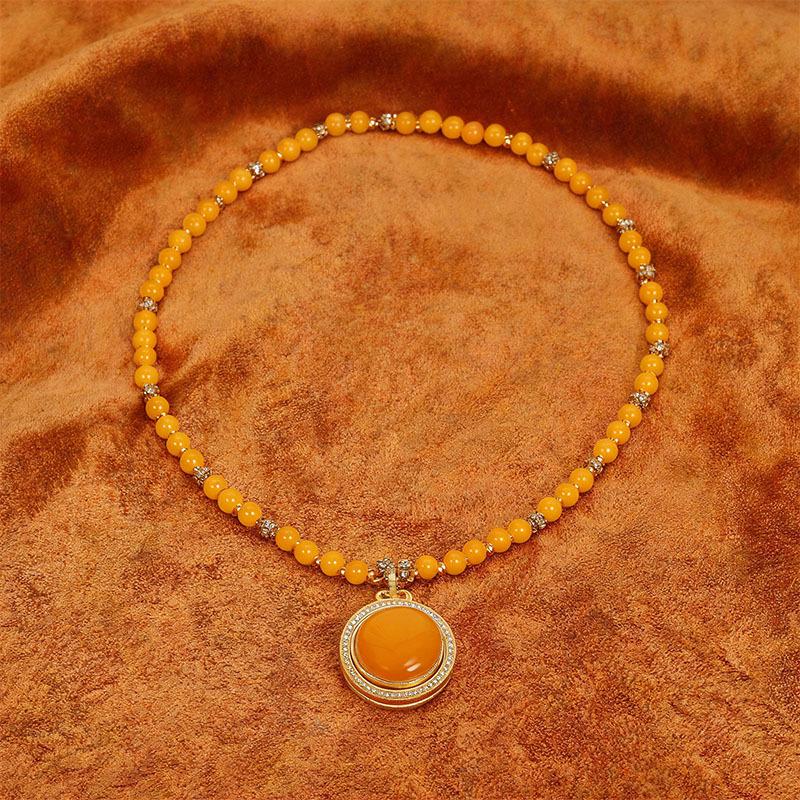 Chinese Yellow Jade Double-Sided Golden Buddha Pixiu Necklace – Elegant Women’s Pendant for Wealth and Luck.