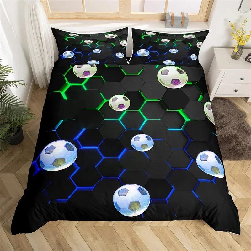 3D Soccer Duvet Cover Set Boys Football Bedding Set Ball Sport Theme Comforter Cover Polyester Geometric Hexagon Bedspread Cover