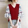 Women Casual V-Neck Print Splice 3/4 Sleeve Loose Blouse