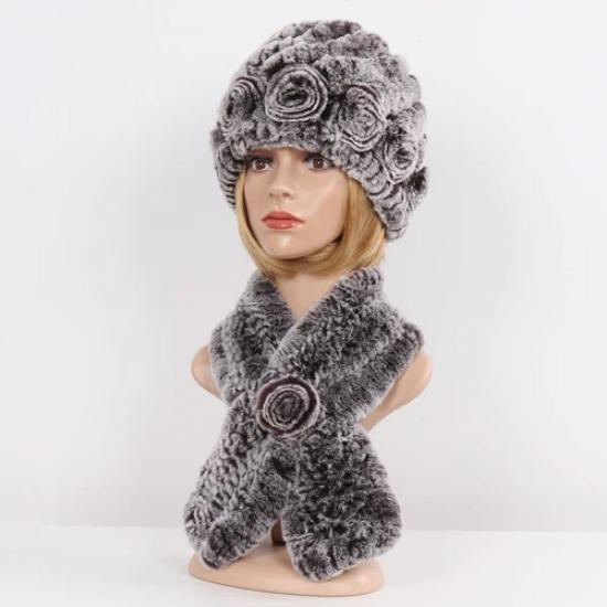 Hot Sale Lady Natural Fur Hats Scarves Sets Women Winter Knit Real Rex Rabbit Fur Hats Muffle 2 Pieces Real Fur Hat Scarf