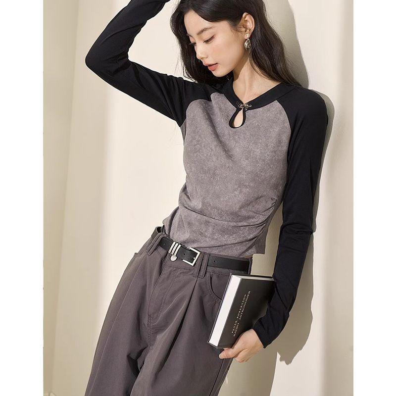 Black Grey Long Sleeve T-shirts For Women's Tees Patchwork Tees Girls Casual T-shirts Fashion Lady Tops