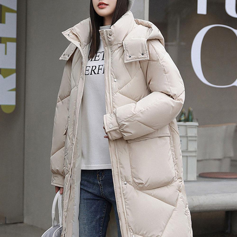 Casaco longo com capuz grosso feminino, jaqueta de inverno, roupas parkas para mulheres, roupas coreanas ao ar livre, casaco corta-vento