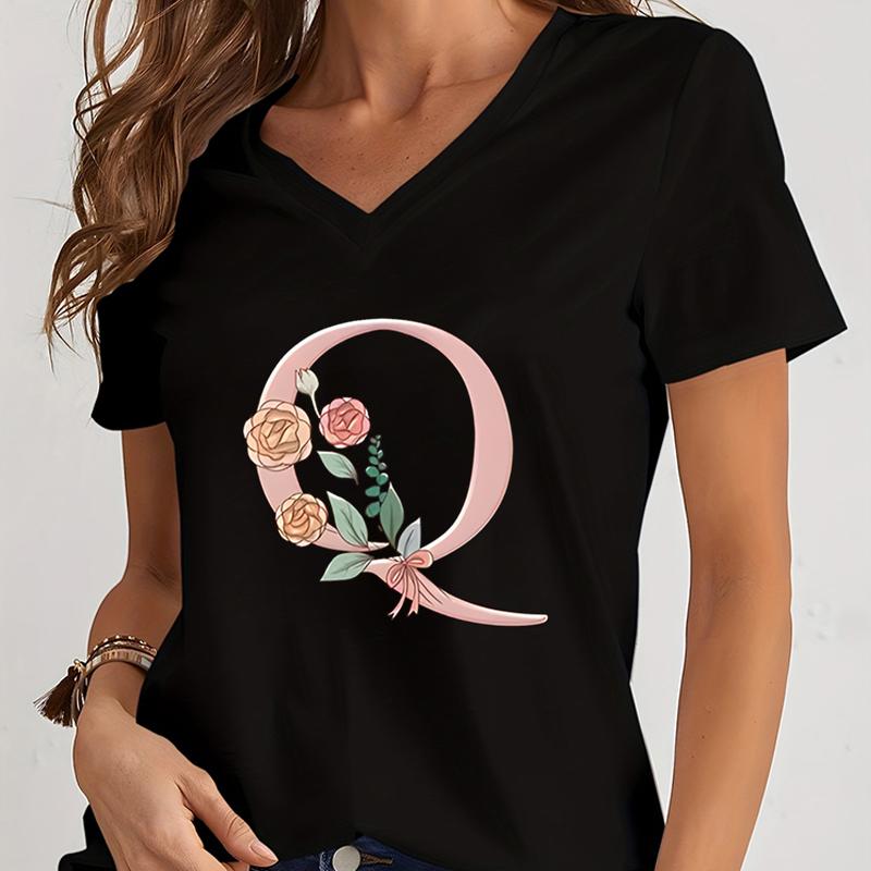 Cartoon Alphabet Flower Graphic Tee Womens Clothing Pink Flower Alphabet Gift Tshirt FeUnisex Vintage 26 Initials Flower Tshirt