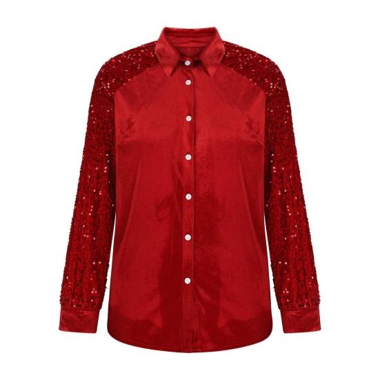 Yousheng Women Shirt Button-Down Lapel Long Sleeve Shirt Tops Solid Color Loose Fit Shiny Sequins Sleeve Velvet Shirt Cocktail Party Wear